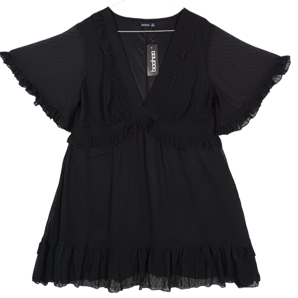 Boohoo Swiss Dot Sheer Dress Size 16 Black Fully Lined V Neckline NWT